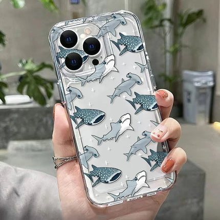 OKEYWOW iPhone clear silicone case with ocean animal design featuring shark, dolphin, and fish for iPhone 11 to 14 Pro Max.