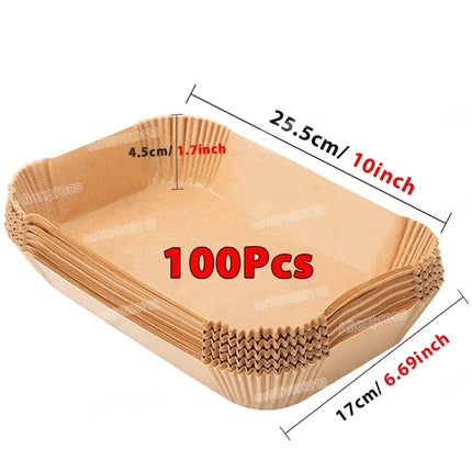 Set of round non-stick paper liners for air fryers, 50 or 100 pieces, ideal as kitchen accessories for baking and cooking.