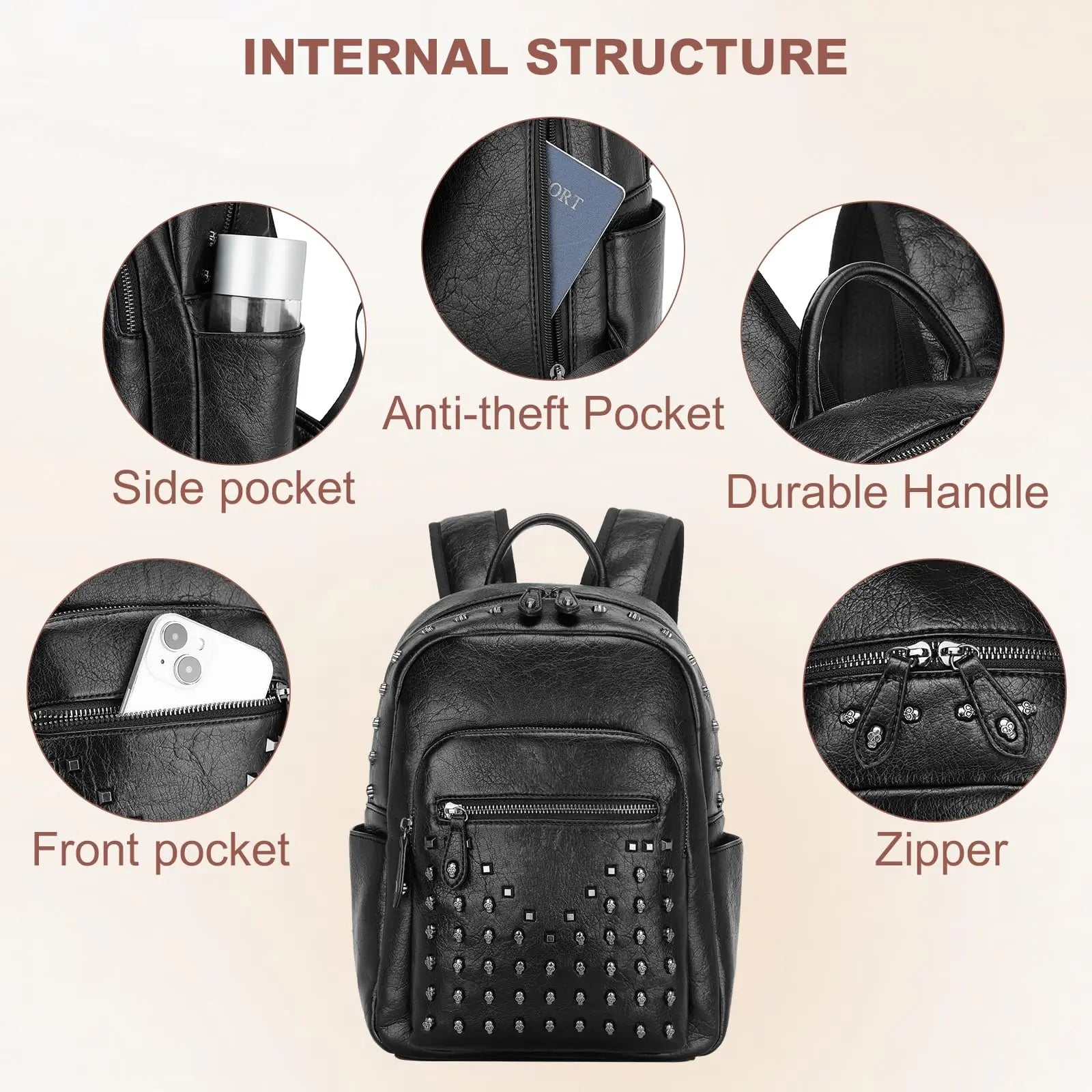 Miss Lulu Skull Rivet PU Leather Casual Daypack,Retro Punk Style Studded Backpack for Women