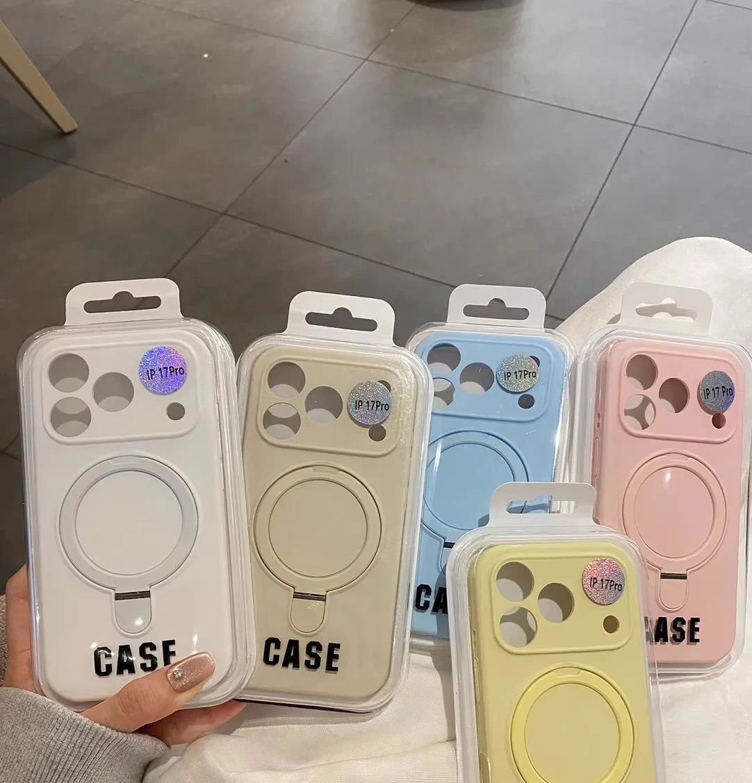 Luxury Magnetic Liquid Silicone Phone Case for iPhone 12–17 Series (Pro/Pro Max/Plus/Air) – MagSafe Holder Stand Soft Cover