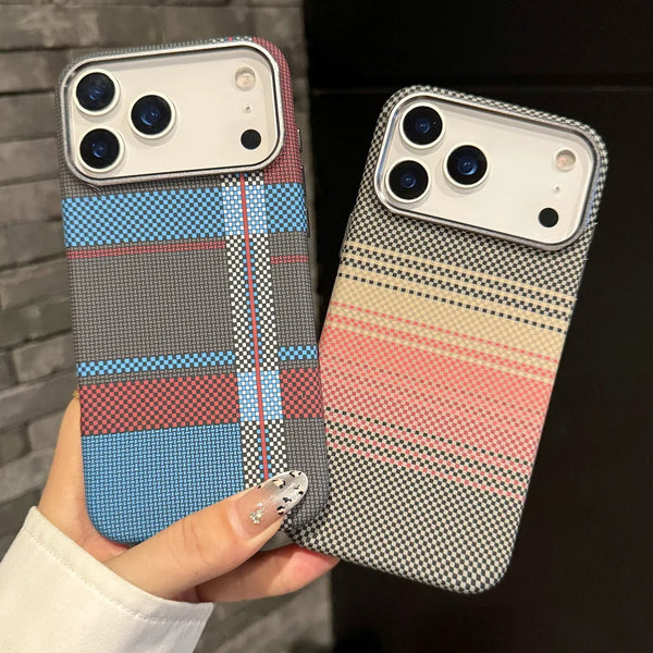 Plaid Pattern Kevlar Carbon Fiber Magnetic Case for iPhone 16 Pro/17 Pro/17 Air/17 Pro Max – Slim Protective Cover