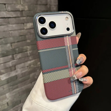 OkeyWOW iPhone 17/16 Pro/17 Air/17 Pro Max Kevlar carbon fiber plaid MagSafe slim protective case on a smartphone.