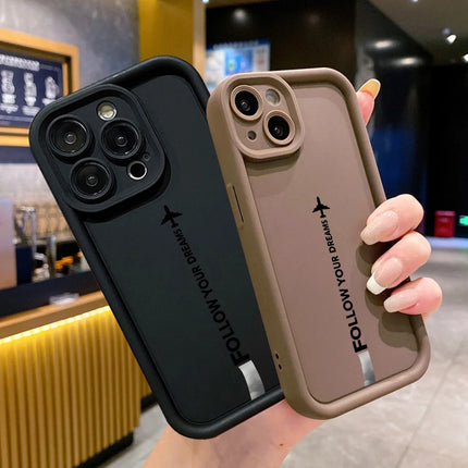 Silicone matte shockproof iPhone case with airplane route design for iPhone 12 to 16 Pro Max, by OKEYWOW.