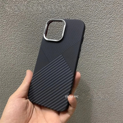 OKEYWOW iPhone Geometric Armor magnetic case with shockproof carbon matte finish and camera frame for 15/16/17 Pro Max smartphones