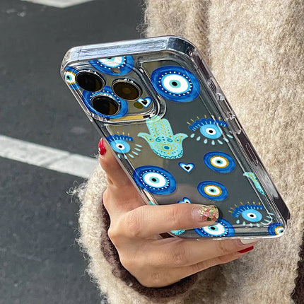 Blue Evil Eye iPhone case by OKEYWOW, shockproof soft cover with lucky eye design for iPhone 11 to 15 Pro Max, XR, XS, SE.