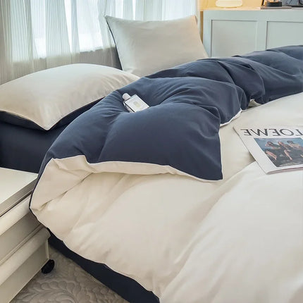 Okeywow solid color brushed fabric bedding set with duvet cover, pillowcases, bed sheet, and quilt cover in various sizes.