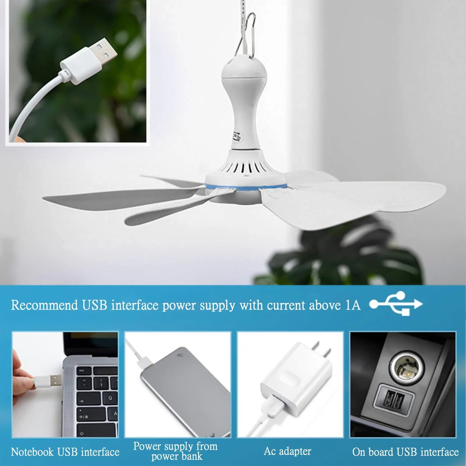 USB Silent Ceiling Fan: With 6 blades and 4-speed settings, ideal for hanging in camper tents during outdoor camping adventures. Enjoy a cool breeze wherever you go.