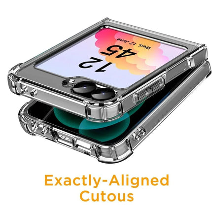 Clear acrylic and TPU shockproof Samsung Z Flip case by OKEYWOW, designed for Flip4, Flip5, Flip6, and Flip7 models.