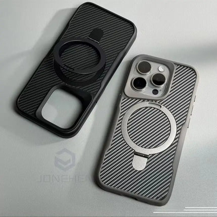 Soft Rubber MagSafe Case for iPhone 16/15/14/13/12 Pro Max Carbon Fiber Metal Bracket Cover