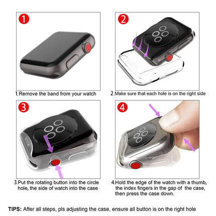 OKEYWOW Apple Watch silicone bumper case and screen protector for Series 9/8/7/SE, fits 38mm to 49mm models, in black.