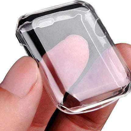 Apple Watch silicone bumper case and screen protector for Series 9, 8, 7, SE, 44mm to 38mm, by OKEYWOW, shown on the watch face.