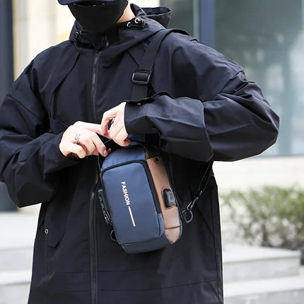 Men’s Oxford fabric sling bag by OKEYWOW with zip closure, crossbody design, phone pocket, ideal for motorcycle or daily commute.