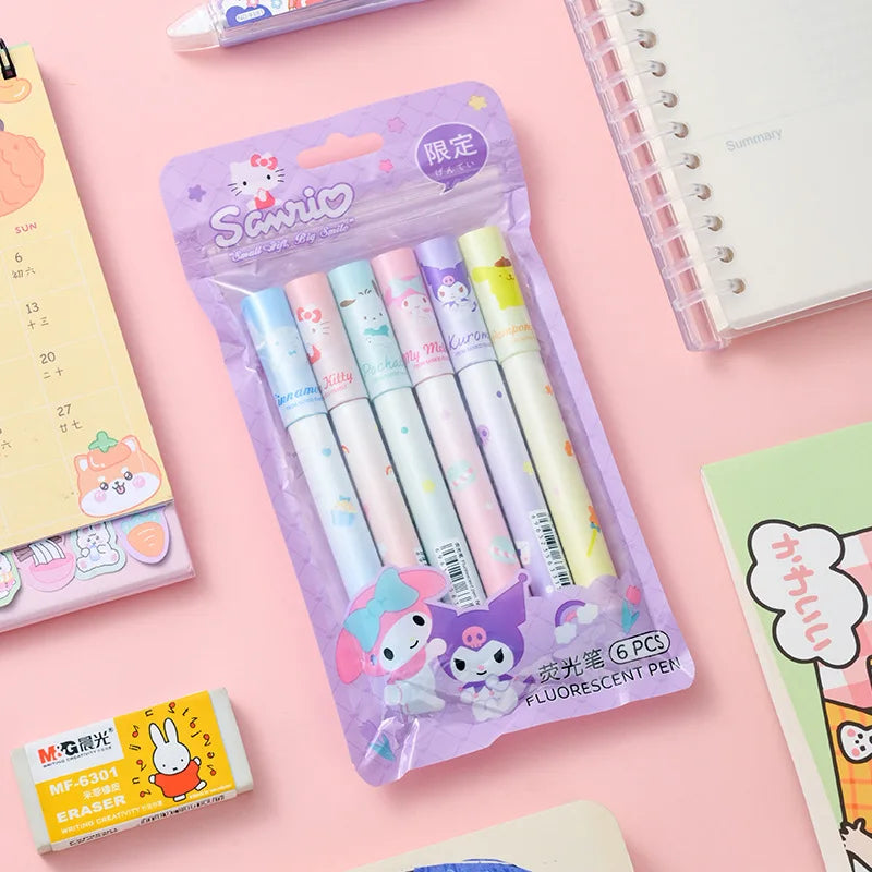 6Pcs Sanrio Hello Kitty Highlighter Pen Set Kawaii Kuromi Melody Cinnamoroll Art Fluorescent Markers Pens School Office Statione