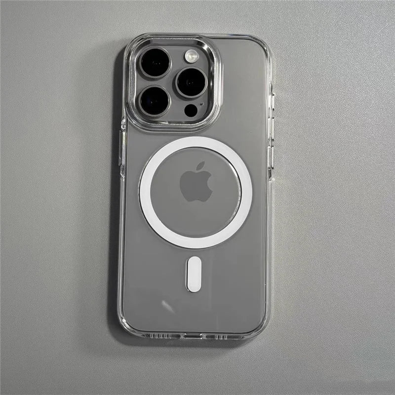 Transparent MagSafe Wireless Charging Case for iPhone 14/15 Pro/16/16 Pro Max – Alloy Lens Clear Shockproof Armor Back Cover