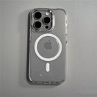 Transparent MagSafe case for iPhone 14/15/16 Pro Max by OKEYWOW, showing clear shockproof design with alloy lens and wireless charging compatibility.