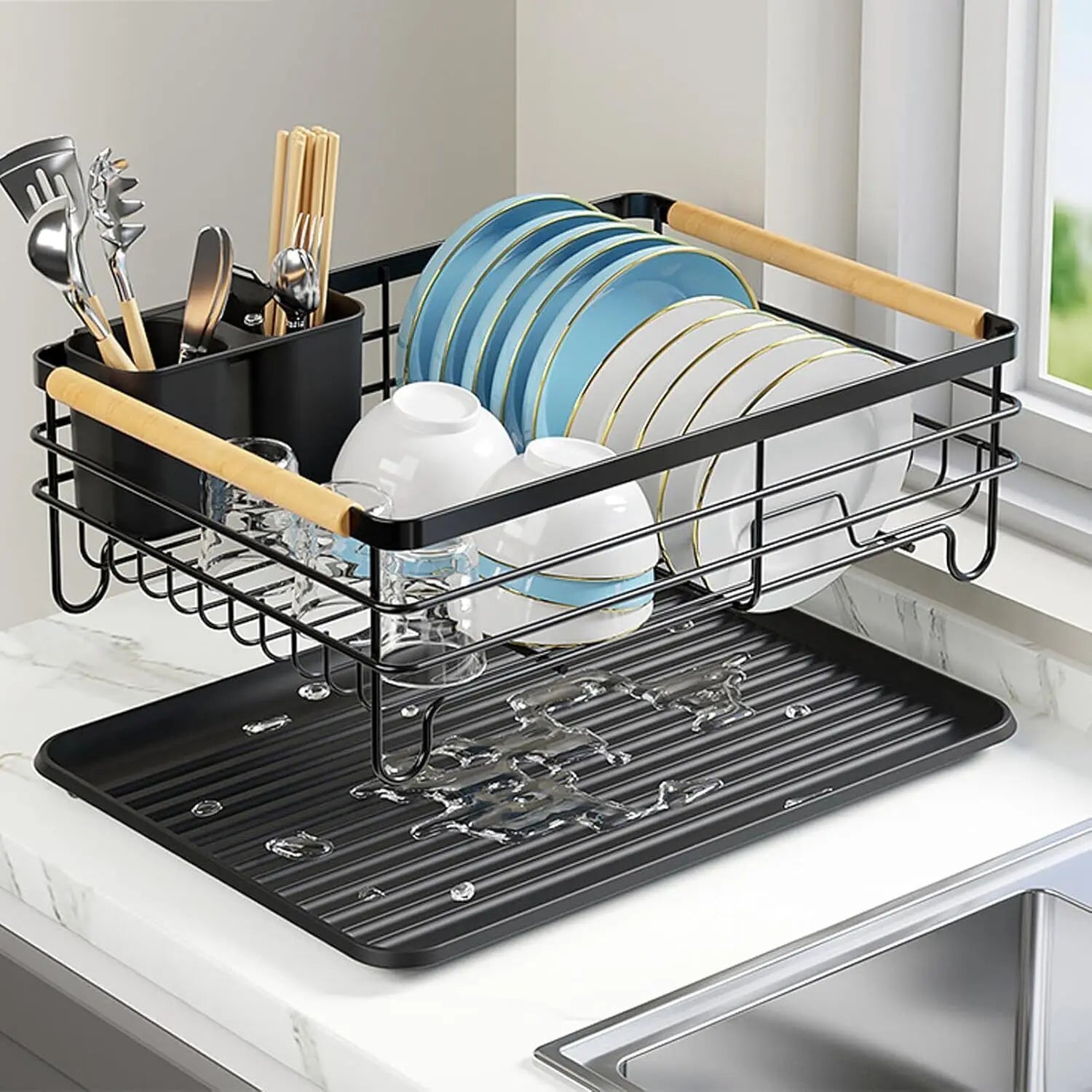 UK Large Kitchen Sink Dish Drainer Rack With Drip Tray And Plate Cutlery Holde