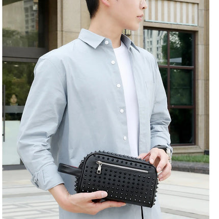 Men's black PU leather clutch bag with rivets and cyberpunk style, featuring waist strap and money pocket from OKEYWOW.