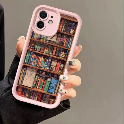 OKEYWOW silicone shockproof bookshelf case for iPhone 17, 16, 15, 14, 13, 12, 11 Pro Max, XR, XS with bookshelf design.