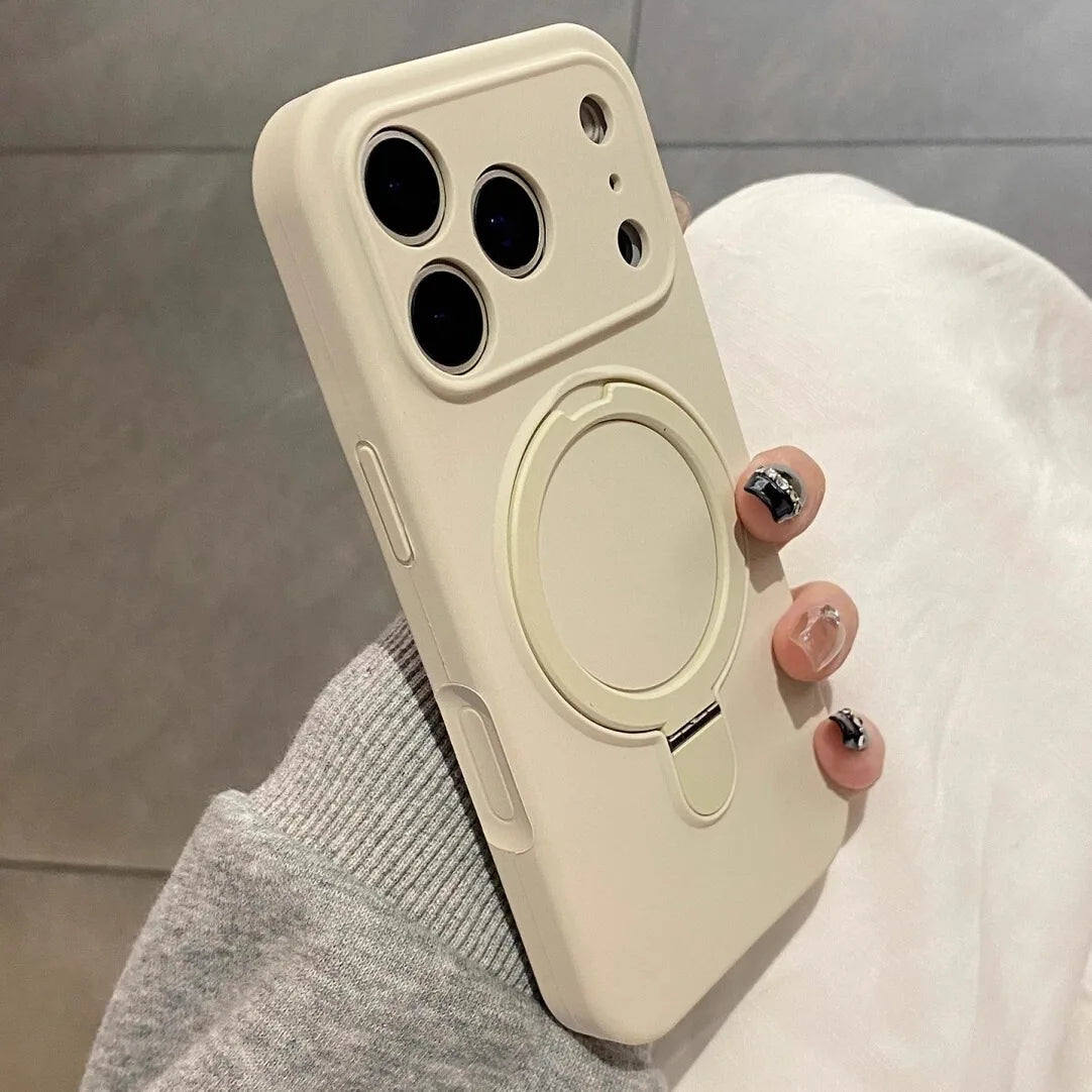 Luxury Magnetic Liquid Silicone Phone Case for iPhone 12–17 Series (Pro/Pro Max/Plus/Air) – MagSafe Holder Stand Soft Cover