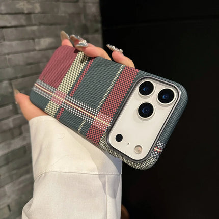 OkeyWOW Kevlar carbon fiber plaid MagSafe slim protective case for iPhone 17/16 Pro, Air, and Pro Max, showing textured design and precise cutouts.