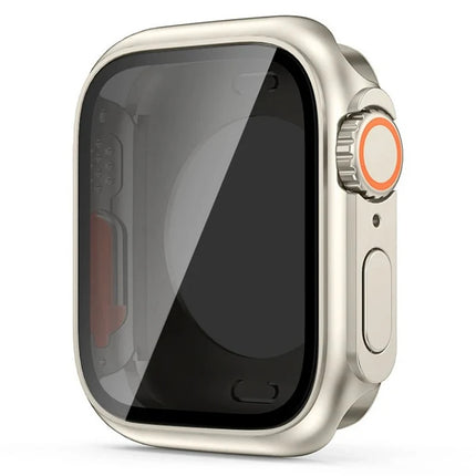 OKEYWOW Apple Watch screen protector case for Series 9 to SE in ultra look, fits 40mm to 45mm models, with PC bumper for protection.