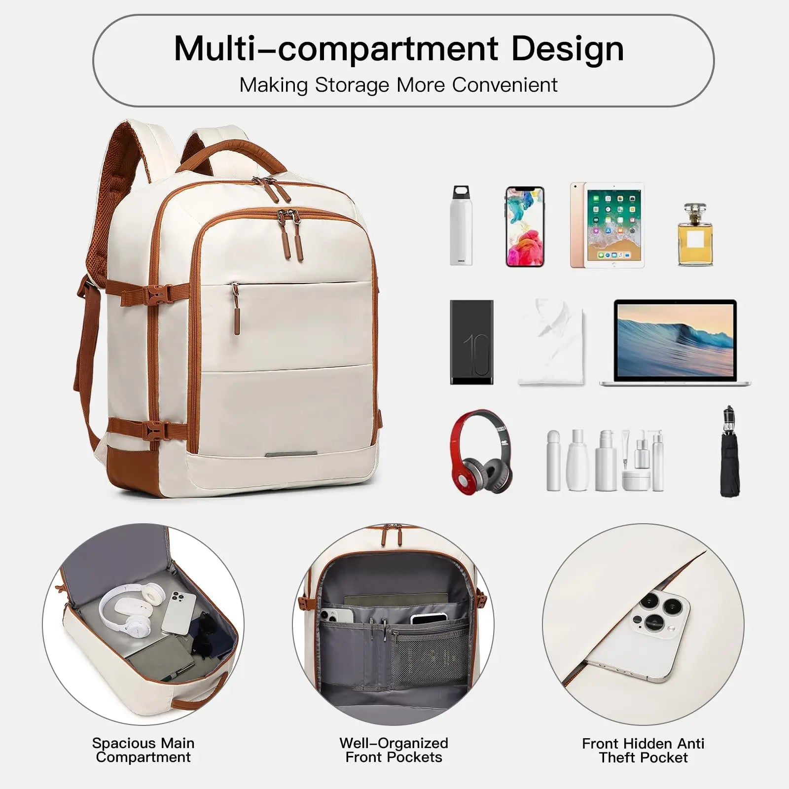 Cabin Travel Backpack 45 x 36 x 20 cm Easyjet Luggage Bag Laptop Weekend Duffel Bag 30L (Beige/Brown)