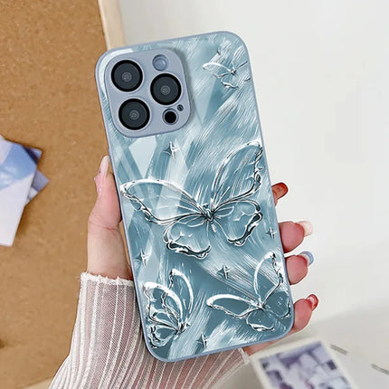 OKAYWOW iPhone Butterfly Silver Case for 12/11 Pro Max XR XS SE with tempered glass shockproof cover, decorative butterfly design.