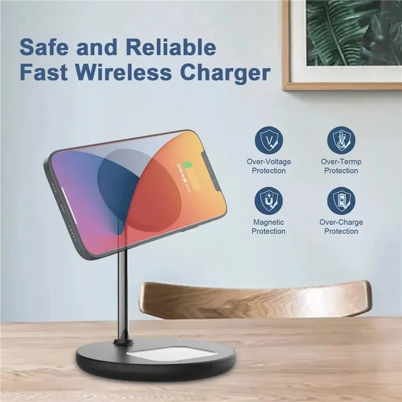 2 in 1 Magnetic Wireless Charger Stand Holder Desktop Mobile Phone Charging Station Dock For iPhone 15 14 13 12 Pro Max AirPods