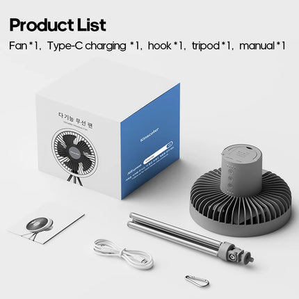 All-in-One Camping Air Fan with Power Bank & LED Light – Portable Rechargeable Circulator (10000mAh/4000mAh)