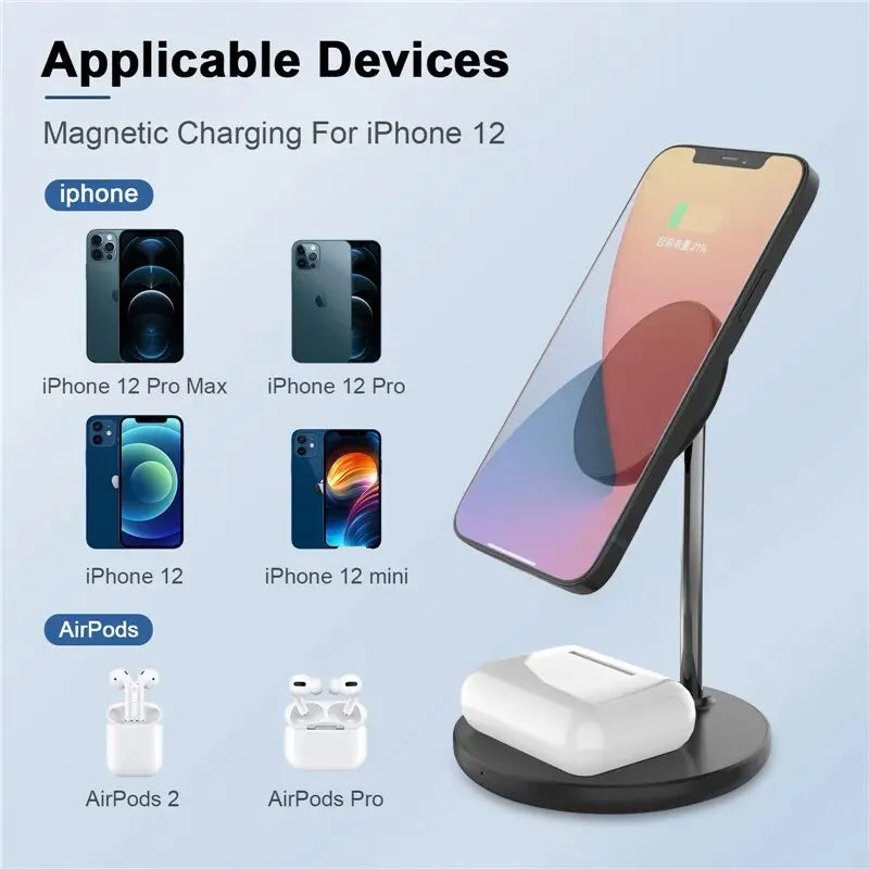 2 in 1 Magnetic Wireless Charger Stand Holder Desktop Mobile Phone Charging Station Dock For iPhone 15 14 13 12 Pro Max AirPods