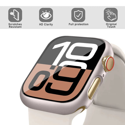 OKEYWOW Apple Watch tempered glass screen protector for Series 10-3 SE, fits 38mm to 45mm models, showcasing the clear, protective glass cover.