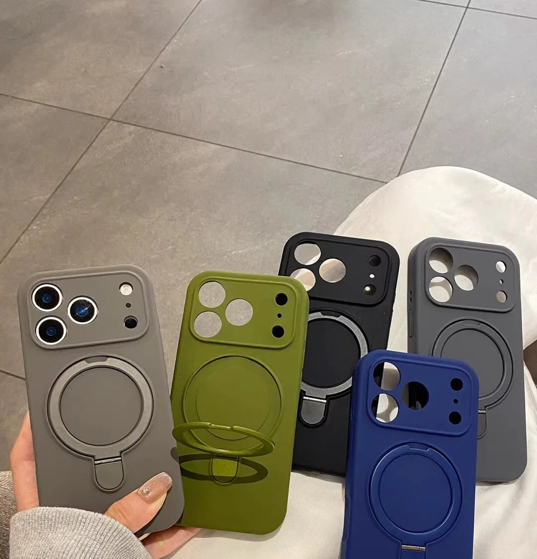 Luxury Magnetic Liquid Silicone Phone Case for iPhone 12–17 Series (Pro/Pro Max/Plus/Air) – MagSafe Holder Stand Soft Cover