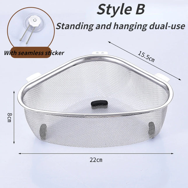 TriDrain Sink Basket Stainless Steel Corner Strainer Kitchen Storage Rack