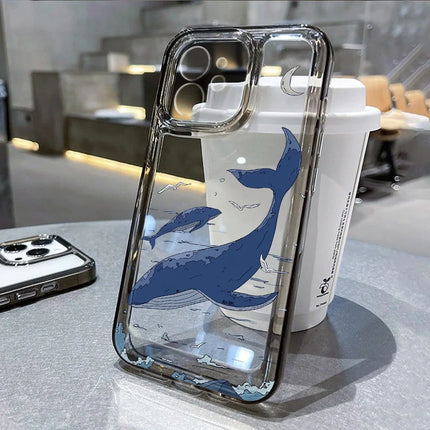 Clear silicone iPhone case with ocean animal design featuring sharks, dolphins, and fish for various iPhone models by OKEYWOW