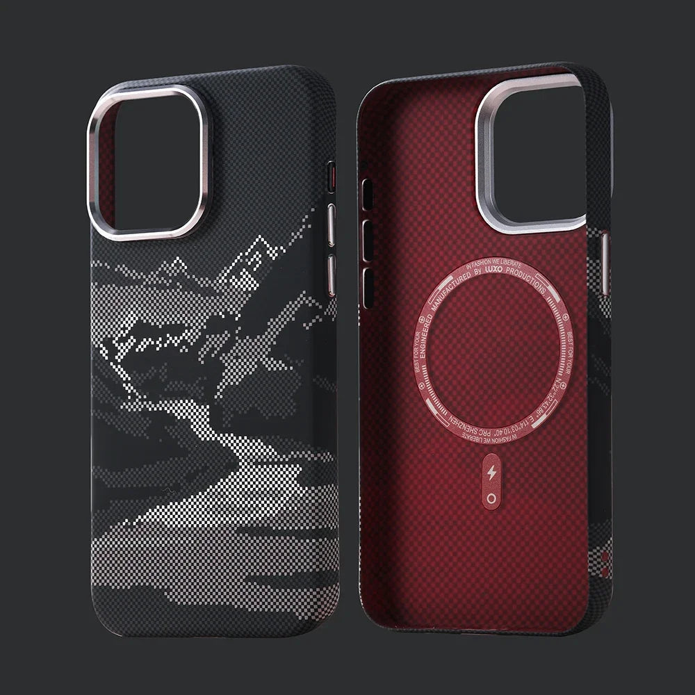 Abstract Landscape Relief MagSafe Phone Case for iPhone 16 15 14 Pro Max 16Pro Wireless Charging Alloy Lens Shield Hard PC Cover
