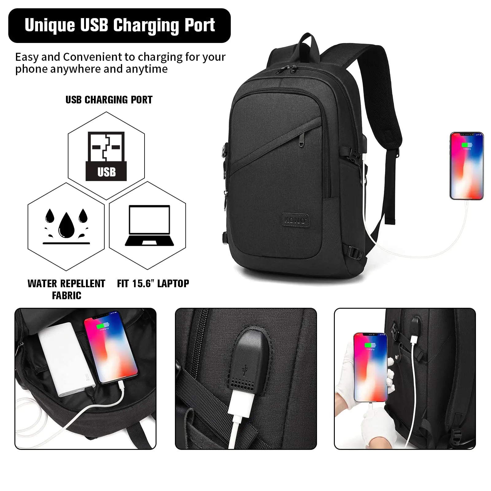 Kono Anti-Theft Laptop Backpack - 15.6 Inch Lightweight Laptop Bag for Men & Women - USB Charging Port, Travel, Business, Work.