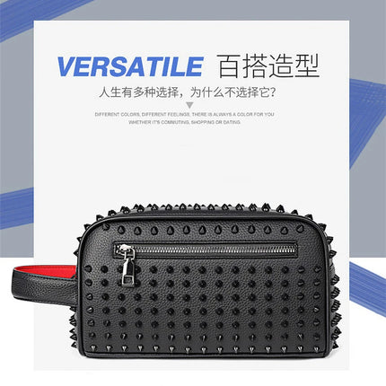 Men's black PU leather clutch bag by OKEYWOW featuring rivet details, cyberpunk style, waist strap, and compact money purse design.