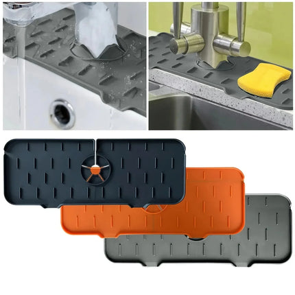 OKEYWOW silicone faucet mat and splash catcher for kitchen sink, absorbent drain protector pad on countertop.