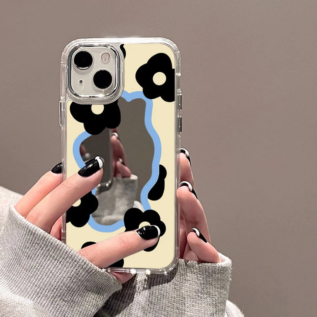 Pink silicone shockproof iPhone flower mirror case by OKEYWOW for iPhone 11 to 16 Pro Max, with floral design and mirror feature.