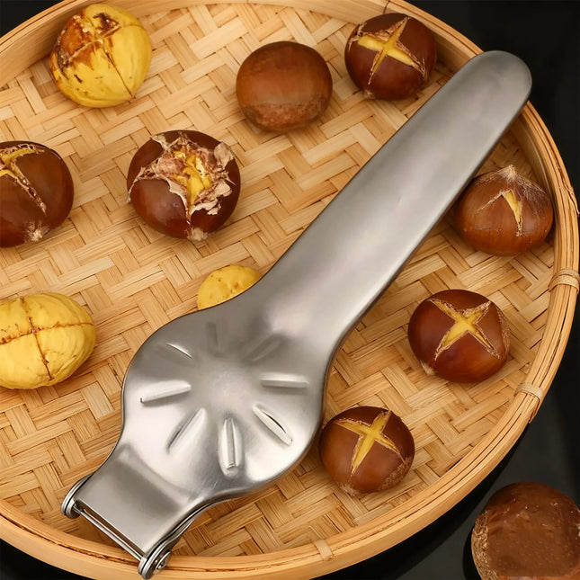 OKEYWOW stainless steel 2-in-1 chestnut cutter and bottle opener kitchen tool showing the compact, dual-function design.