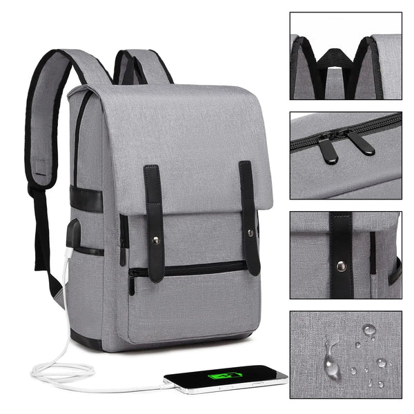 Vintage Water-Resistant Backpack - 13.5" Laptop College Bag with USB Port for Work, School & Travel