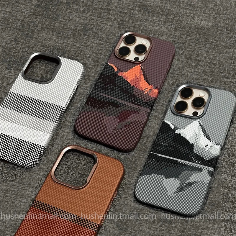 2026 New Mountain Relief Carbon Case for iPhone 16 15 Pro Max MagSafe Back Cover Hard PC Buttons Frame Protective Phone Shell