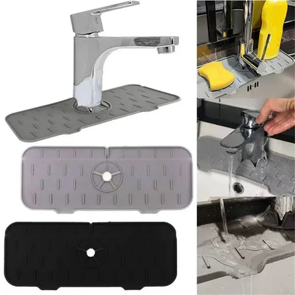 OKEYWOW kitchen silicone faucet mat and sink splash catcher with absorbent pad and drain protector for countertops.