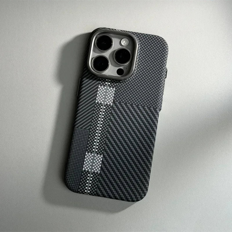 iPhone 16 15 14 Pro Max Case Carbon Fiber Abstract Geometric MagSafe Cover Magnetic Charging Shell Camera Alloy Armor Fundas