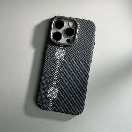 OKEYWOW iPhone 16/15/14 Pro Max carbon fiber geometric MagSafe case with magnetic charging and camera protection.