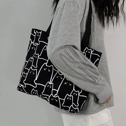 KawaiiCat Canvas Tote Bag Women Shopper Zipper Cartoon Shoulder Handbag