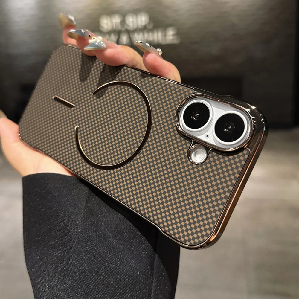 Luxury Kevlar Pattern For Magsafe Slim Frameless Phone Case For iPhone 16 17 Air 15 14 13 Pro Max Wireless Charging Plated Cover