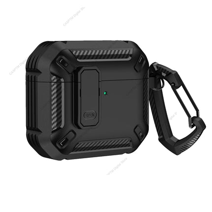 OKEYWOW AirPods 4 security lock case in TPU and PC, with hook, providing protective cover for 4th generation AirPods.