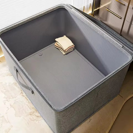 Large capacity OKEYWOW foldable clothes storage box with zipper, shown in a folded and expanded state for wardrobe organization.