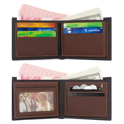Men’s OKEYWOW bifold wallet with zipper coin pocket, large capacity, minimalist design, multi-slot fashion purse on black background.